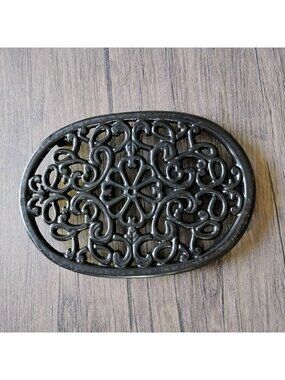Vintage Cast Iron Oval Trivet, Intricate Scrollwork Design, 9.5x7 Black Finish